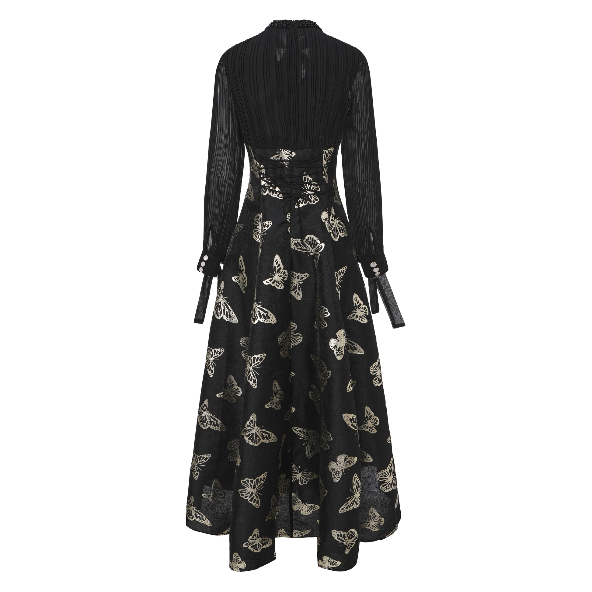 Women's Tie-neck Pleated Top Satin Gilded Party Long Dress - LAI MENG FIVE CATS