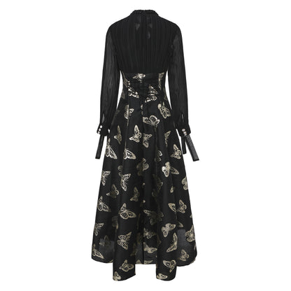 Women's Tie-neck Pleated Top Satin Gilded Party Long Dress - LAI MENG FIVE CATS