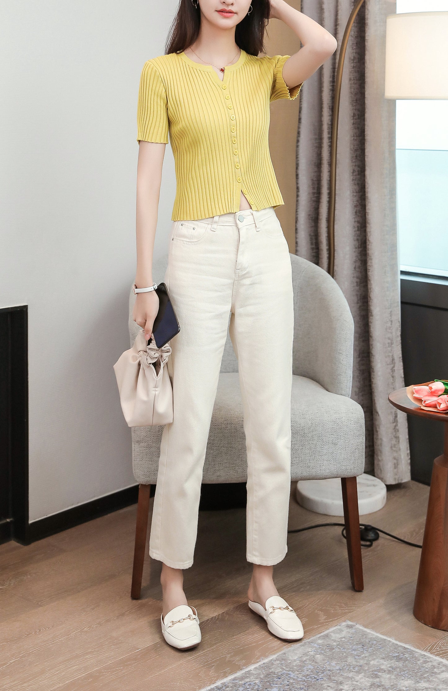 Women's V-Neck Knitted Thin Tops Ribbed Shirt