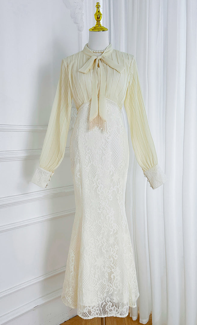 Elegant Pleated & Lace Midi Dress with Tie Neck, Beaded Details & Flounce Hem - LAI MENG FIVE CATS