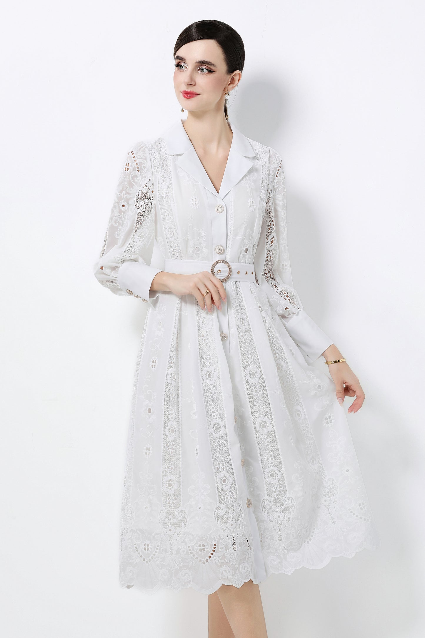 Women's Puff Sleeve Lace Hollow Out Midi Dress