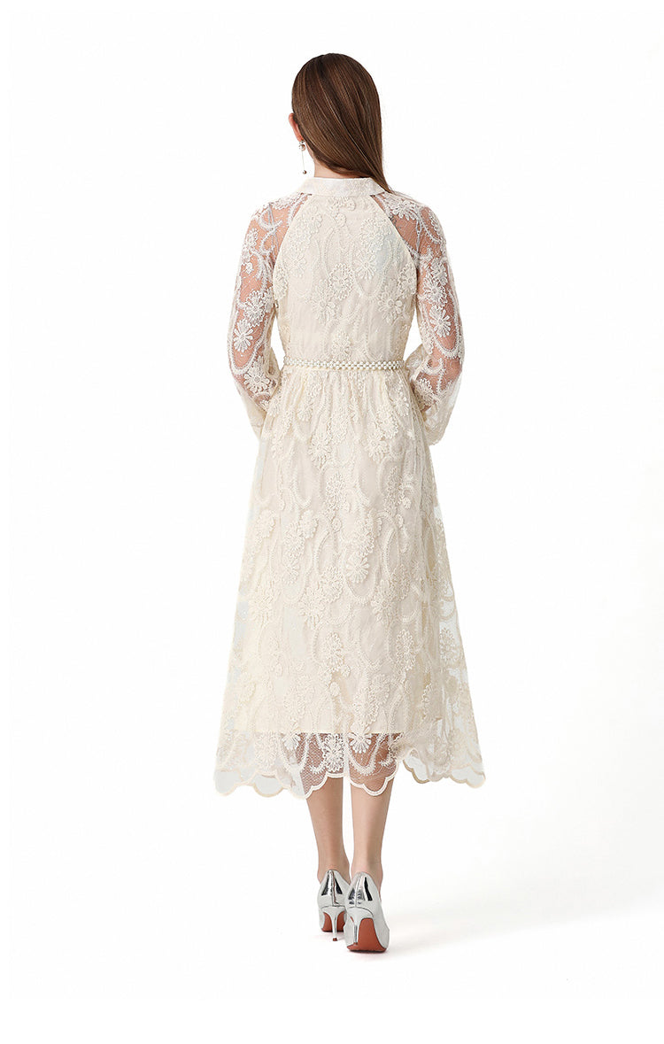 Elegant Floral Lace Maxi Dress with Pearl Belt - LAI MENG FIVE CATS