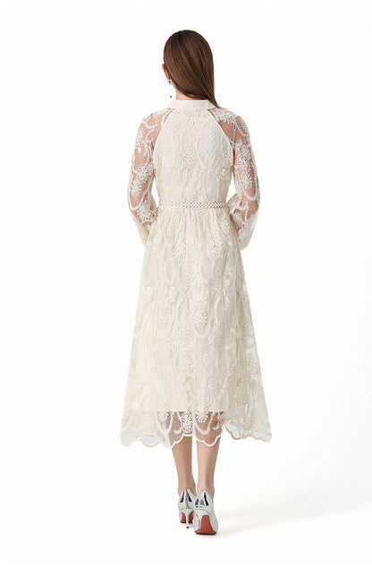 Elegant Floral Lace Maxi Dress with Pearl Belt - LAI MENG FIVE CATS