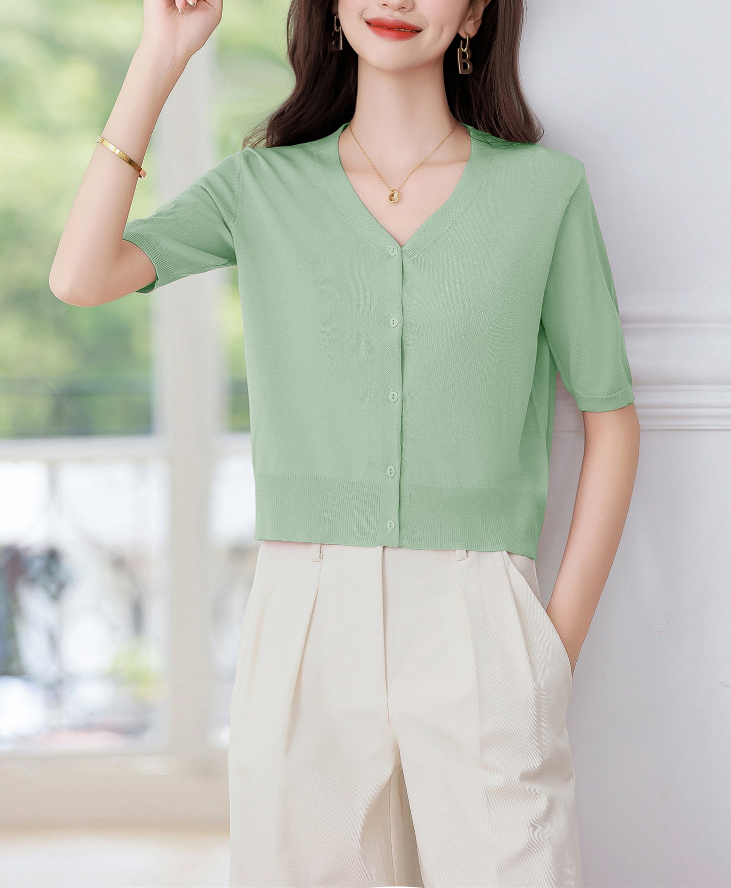 Women's Short Sleeve Ribbed Knit Cardigan Tops