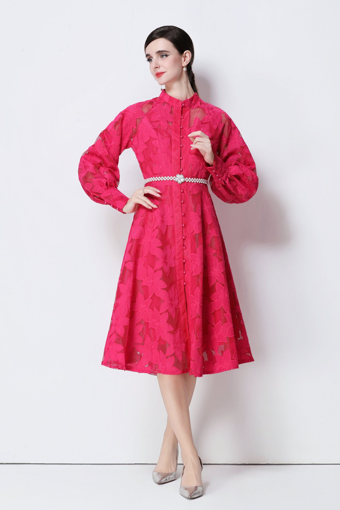 Women's Long Sleeve Eyelet Embroidery Button Midi Dress