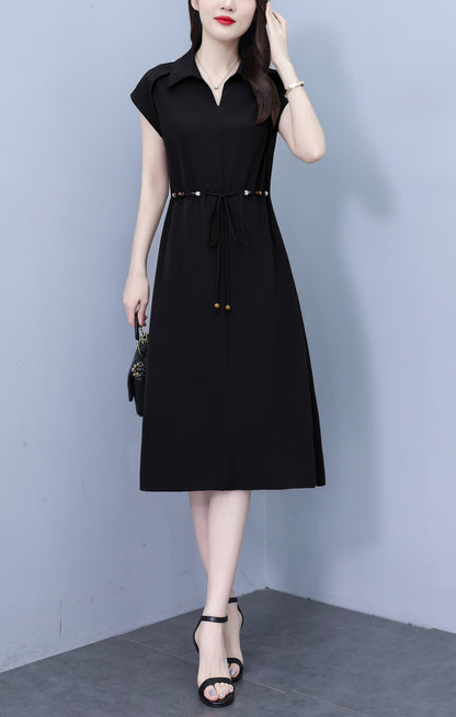 Women's V-Neck Cap Sleeve Pocket Midi Dress