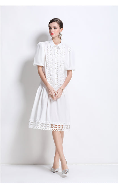 Women's Puff Sleeves Collar Hollow Embroidery Midi Dress