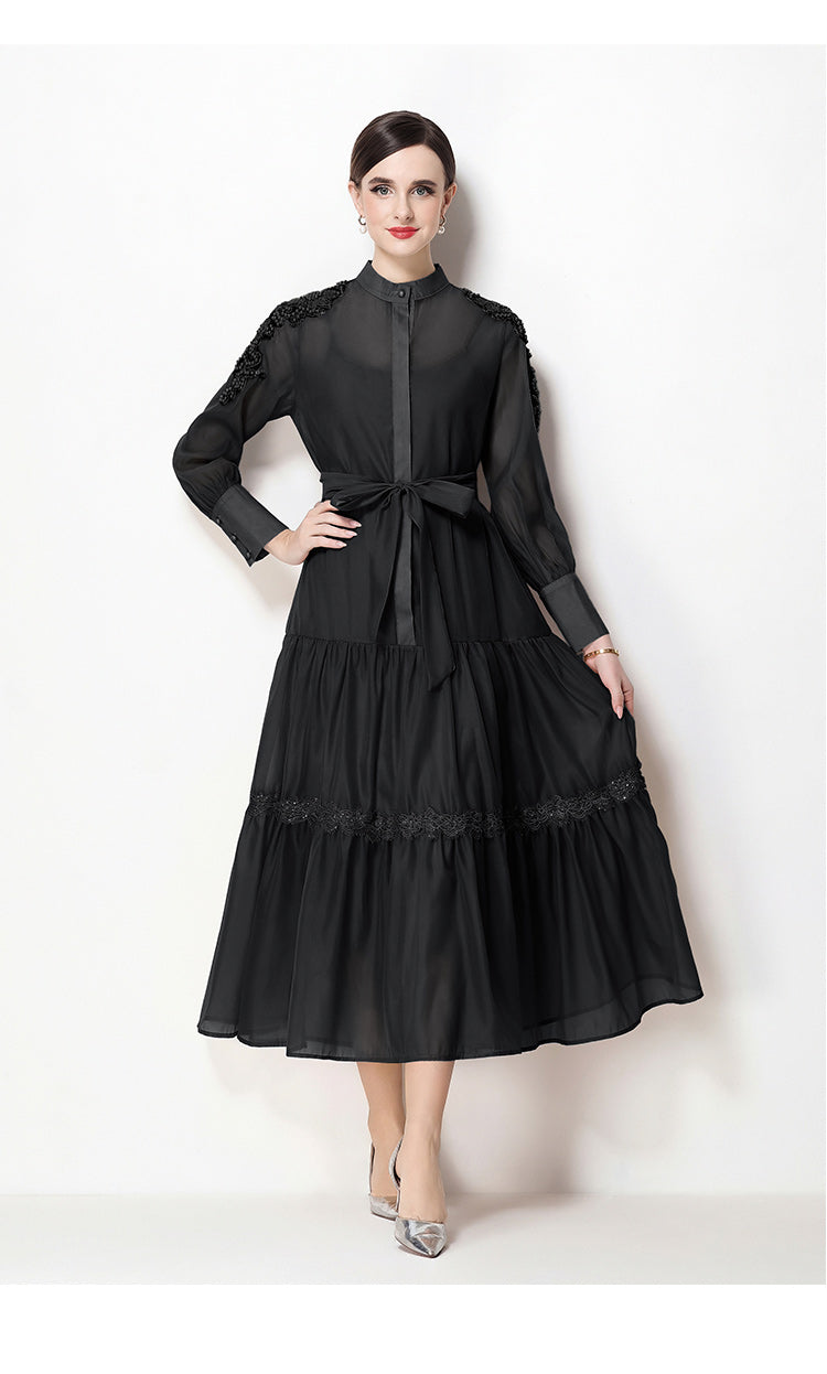 knee length dresses for ladies Elegant Bead Embroidery Loose Button Belted Maxi Dress – LAI MENG FIVE CATS