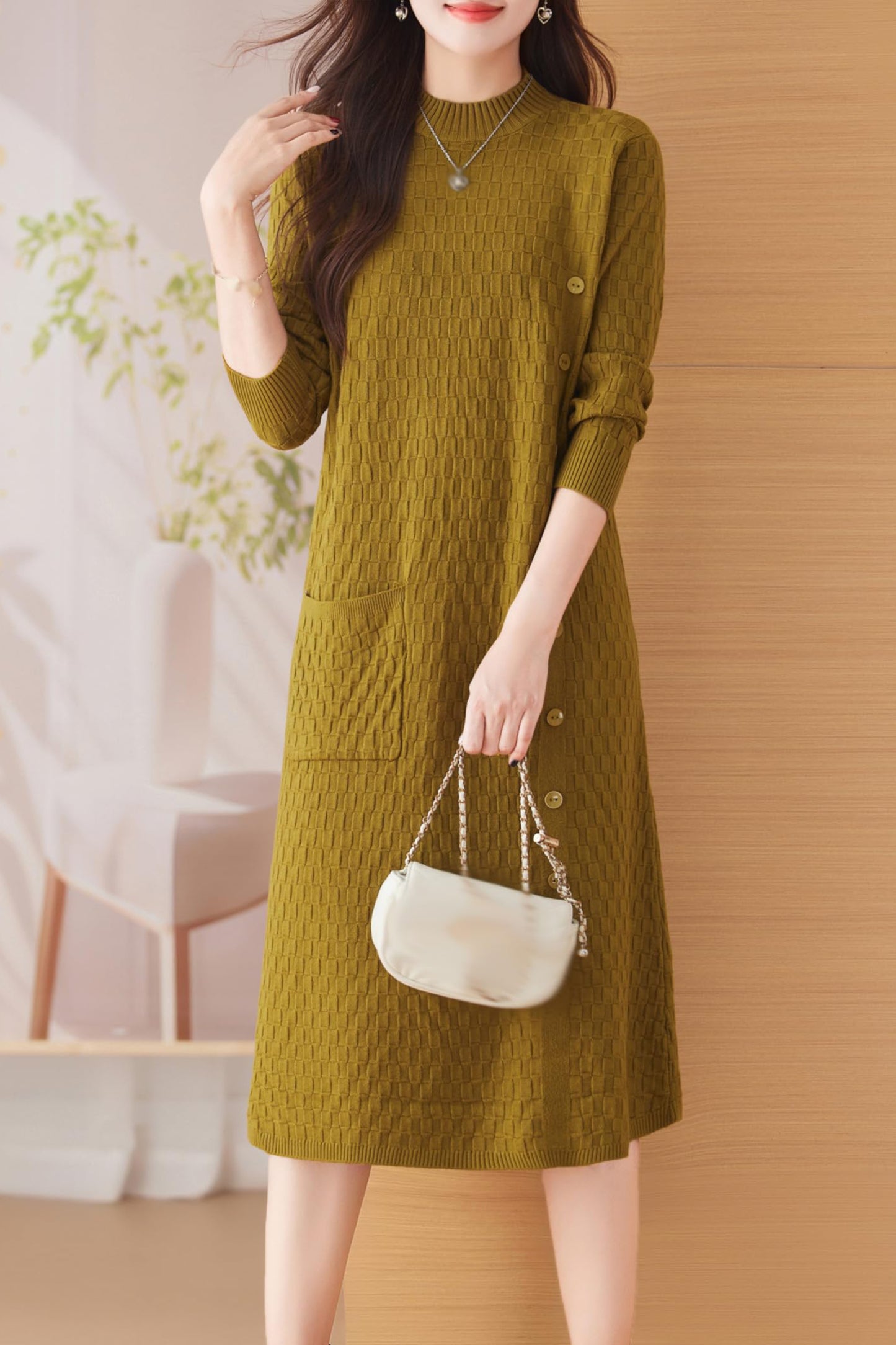 Knit Stretch Solid Button Midi Dress with Pockets