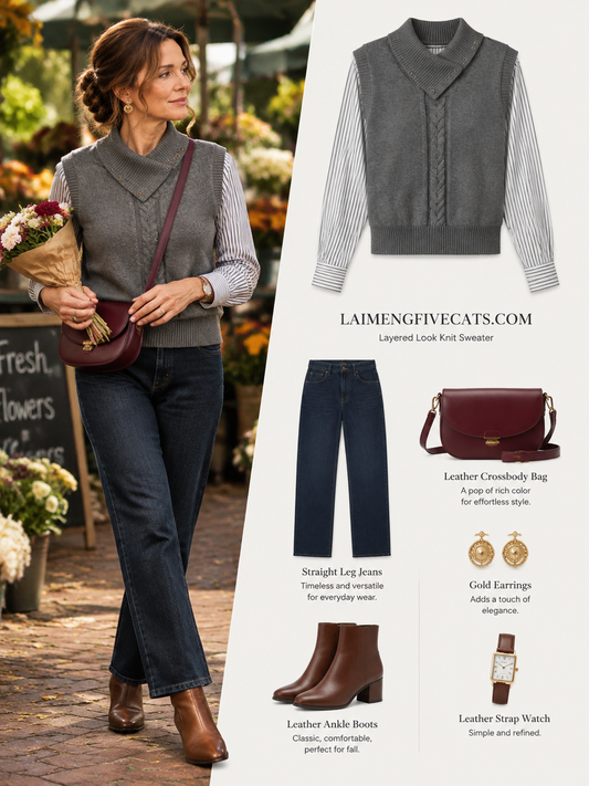 28726 Layered-Look Knit Sweater in Gray & Navy