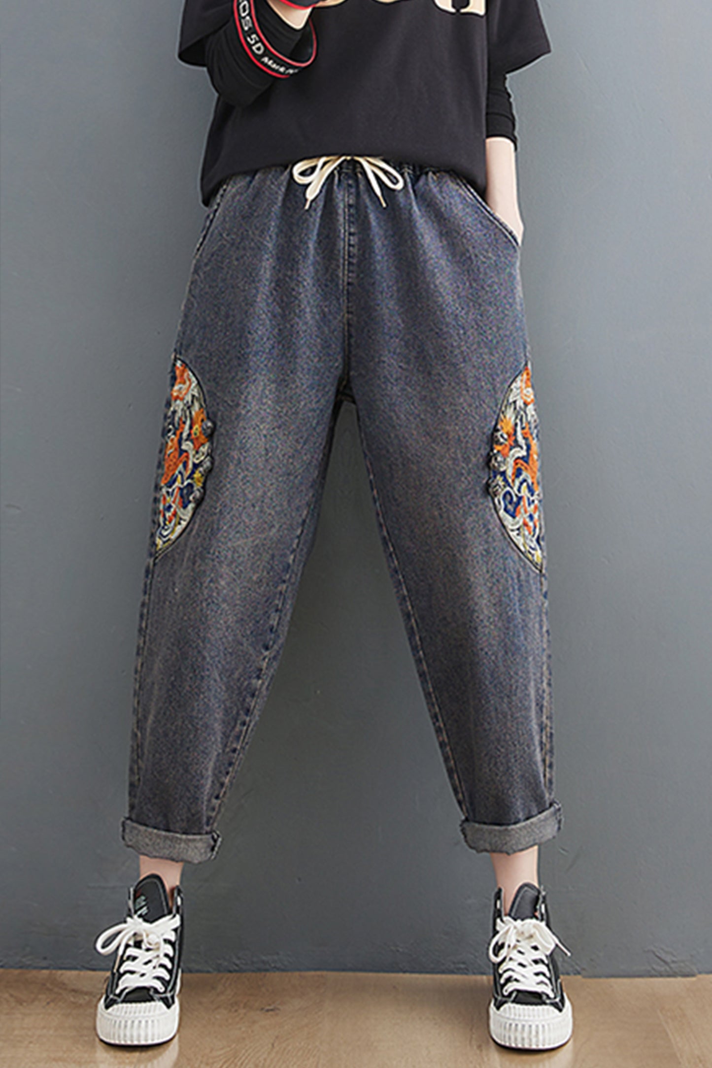 Women's Jeans Pattern Elastic Waist Casual Harem Pants With Pockets