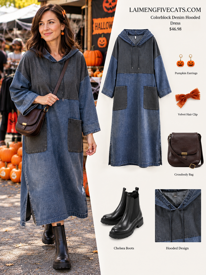 27991 Colorblock Denim Hooded Midi Dress With Pockets
