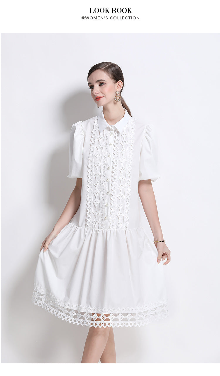 Women's Puff Sleeves Collar Hollow Embroidery Midi Dress