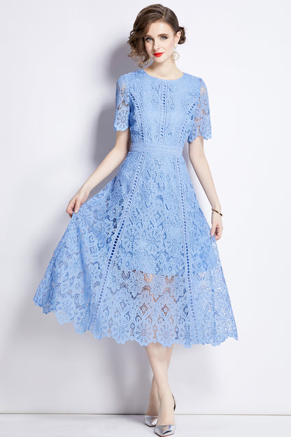 Women's Flowy Floral Lace Short Sleeve Round Neck Evening Dress