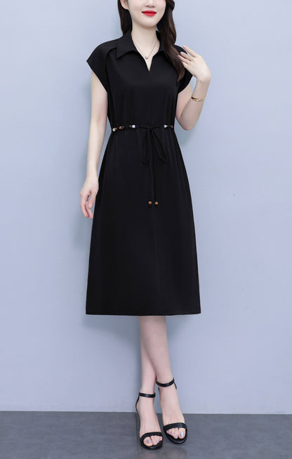 Women's V-Neck Cap Sleeve Pocket Midi Dress