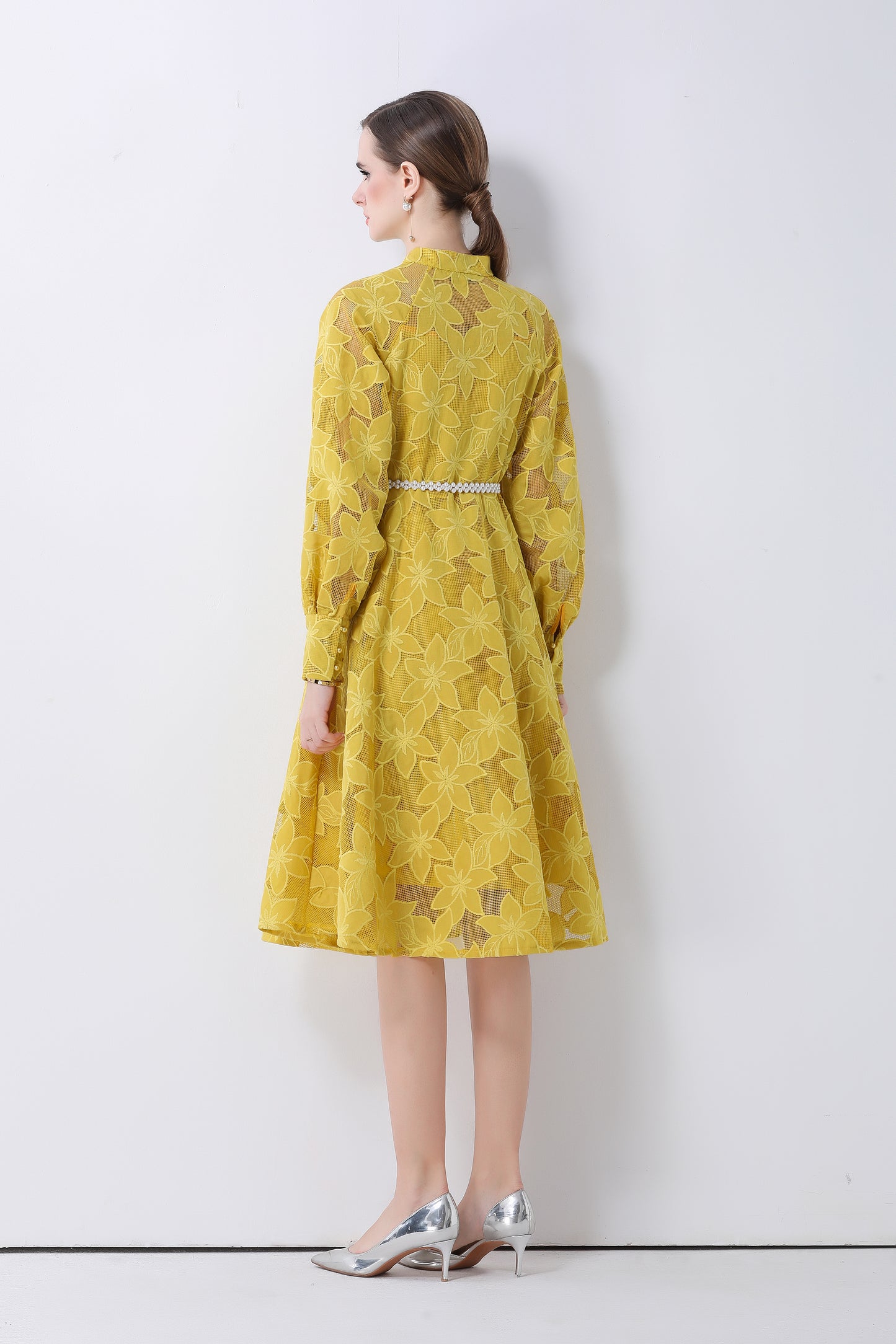 Women's Long Sleeve Eyelet Embroidery Button Midi Dress