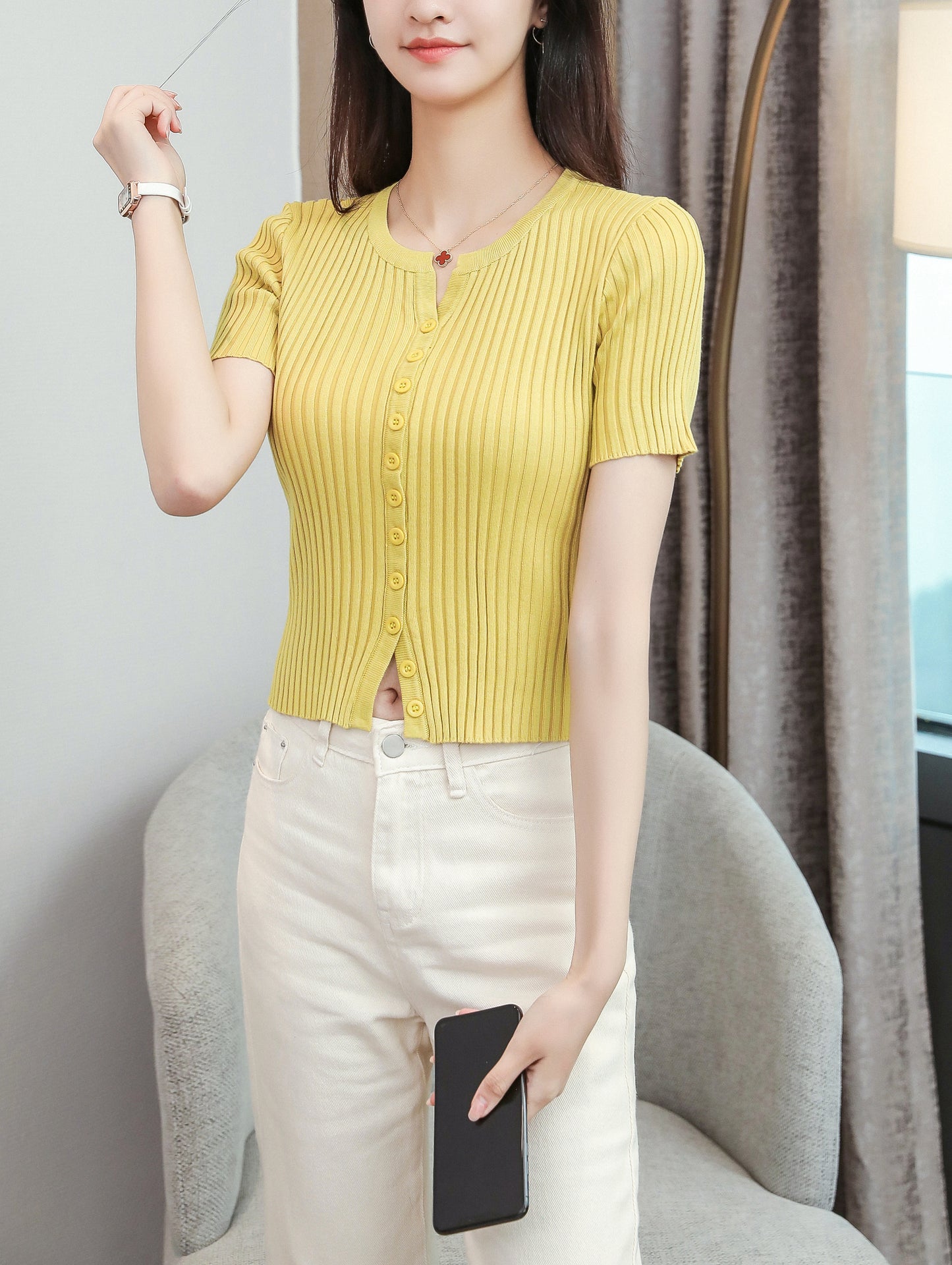 Women's V-Neck Knitted Thin Tops Ribbed Shirt