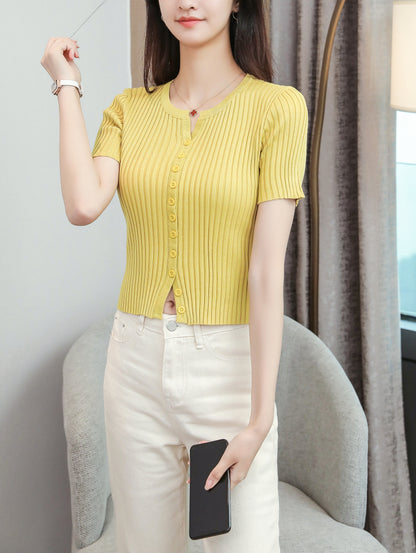 Women's V-Neck Knitted Thin Tops Ribbed Shirt