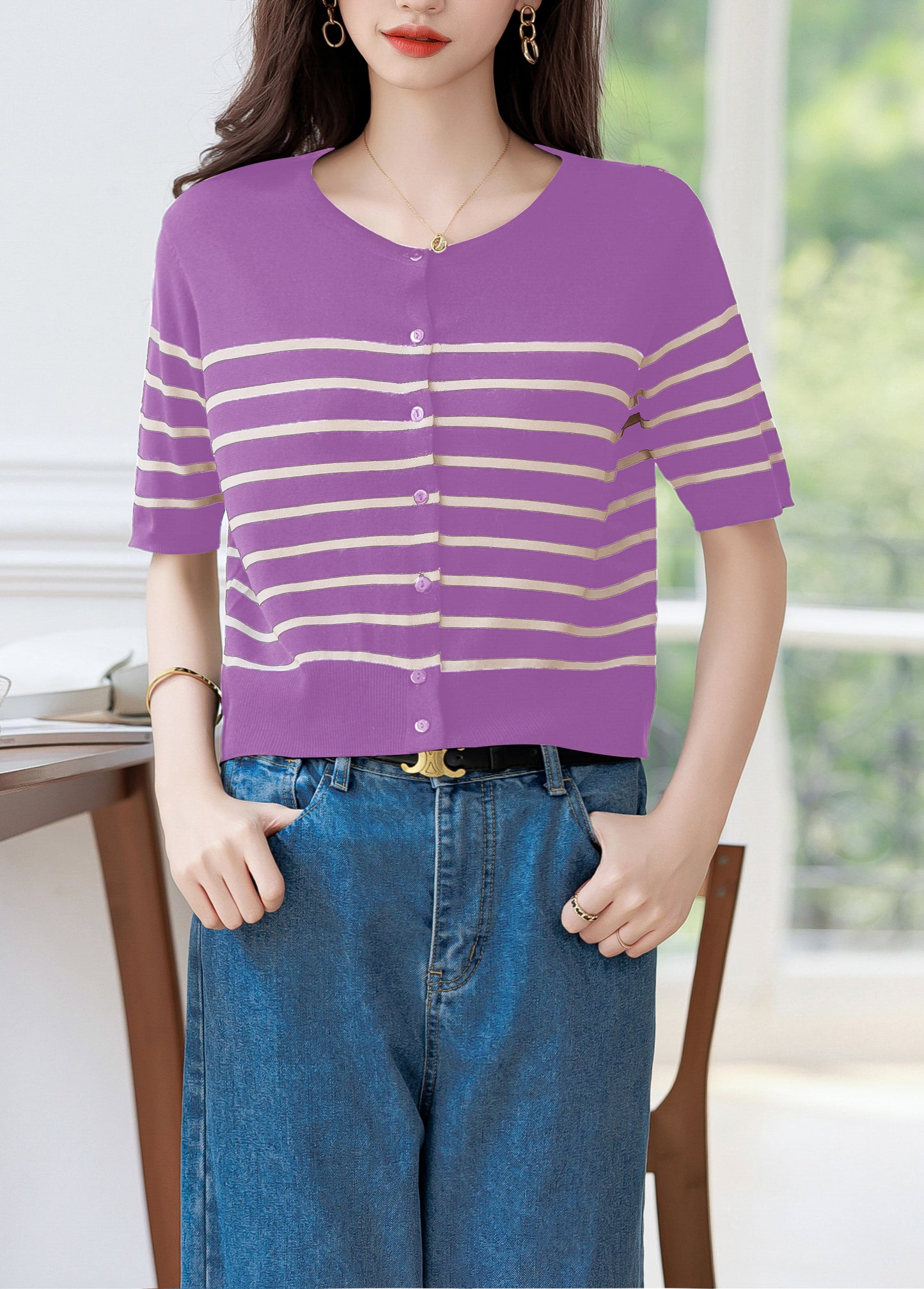 Women's Stripes Short Sleeve Knit Cardigan Tops