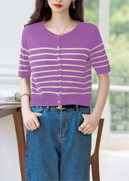 Women's Stripes Short Sleeve Knit Cardigan Tops