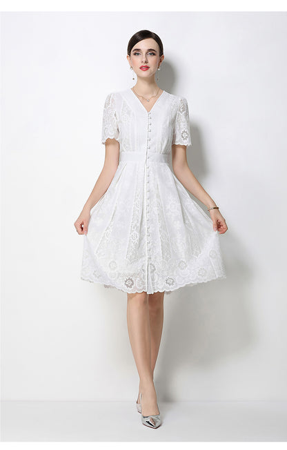 Lace V-Neck Button Front A-Line Summer Dress