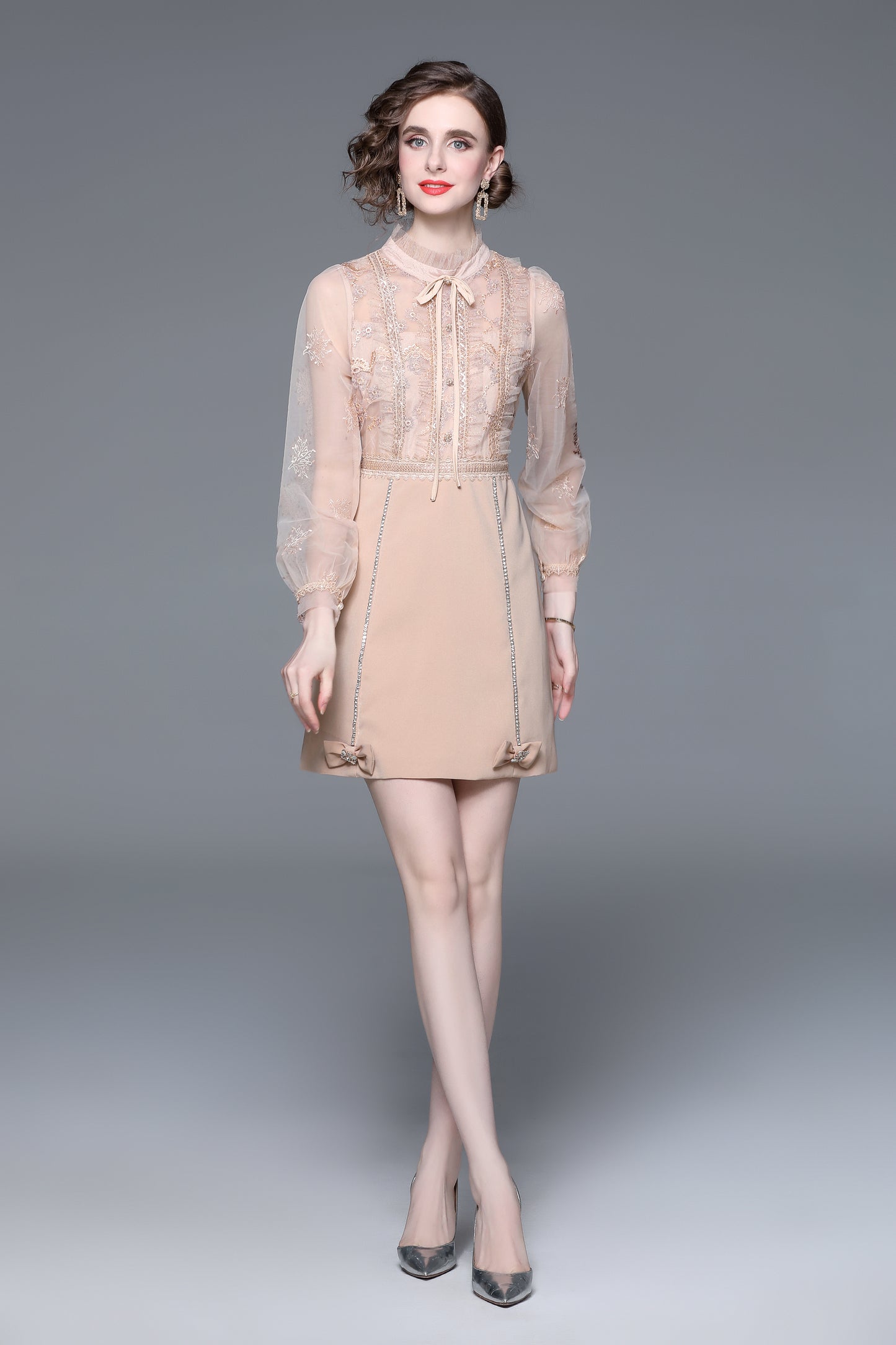LAI MENG FIVE CATS Embroidered Mesh Bow-Tie Mini Dress - LAI MENG FIVE CATS