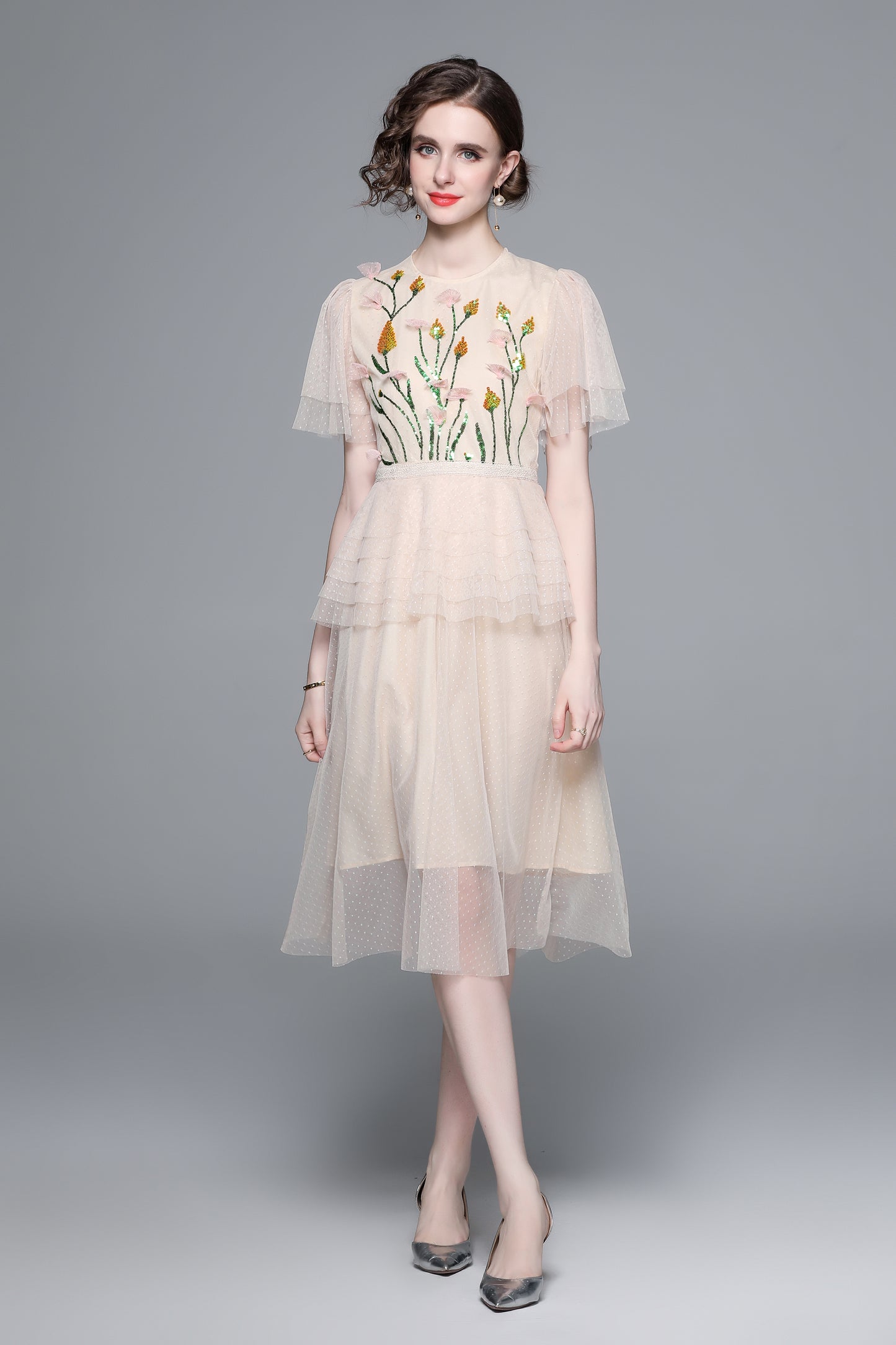 LAI MENG FIVE CATS Floral Embroidery Mesh Midi Dress