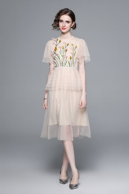 LAI MENG FIVE CATS Floral Embroidery Mesh Midi Dress
