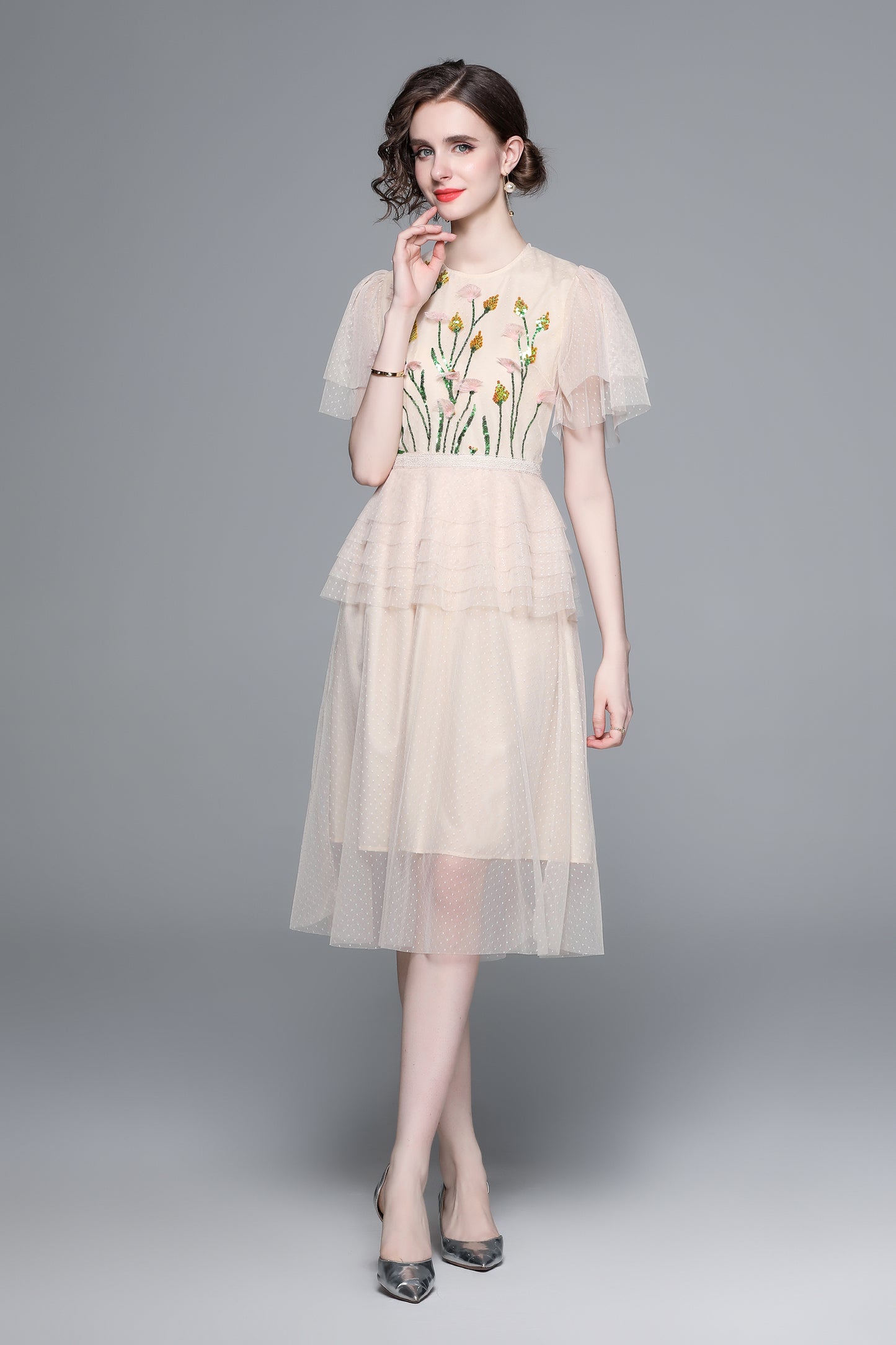 LAI MENG FIVE CATS Floral Embroidery Mesh Midi Dress