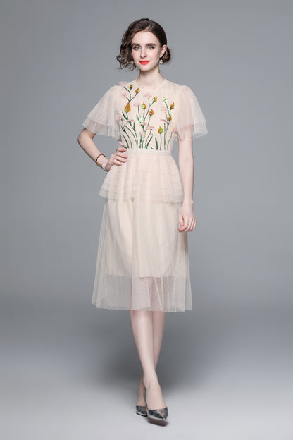 LAI MENG FIVE CATS Floral Embroidery Mesh Midi Dress