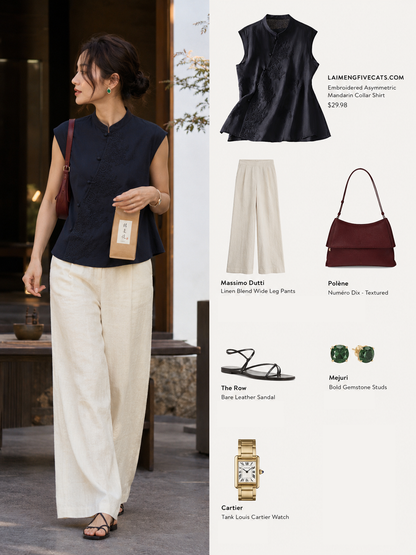 Embroidered Asymmetrical Cotton-Linen Blouse | Lightweight Summer Mandarin Collar Top