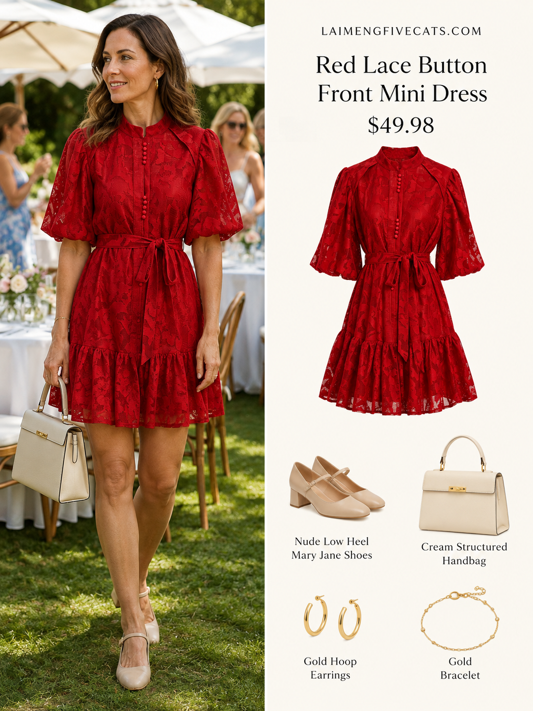 Elegant Loose Lace Mini Dress with Front Button Closure & Ruffle Hem - LAI MENG FIVE CATS