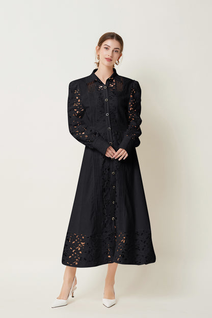 Lapel Long Sleeves Lace Buttons Maxi Dress