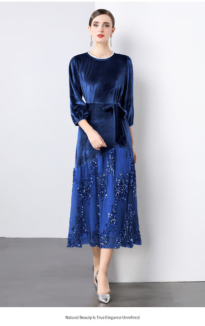 Velvet Lace Patchwork Sequins Midi Dress