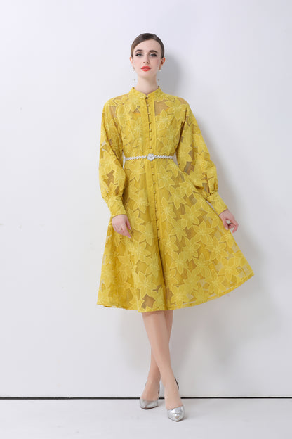 Women's Long Sleeve Eyelet Embroidery Button Midi Dress