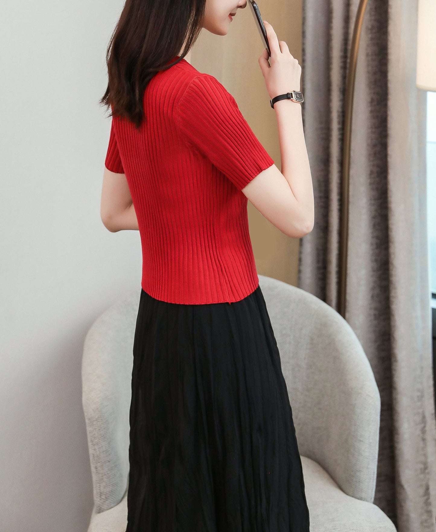 Women's V-Neck Knitted Thin Tops Ribbed Shirt
