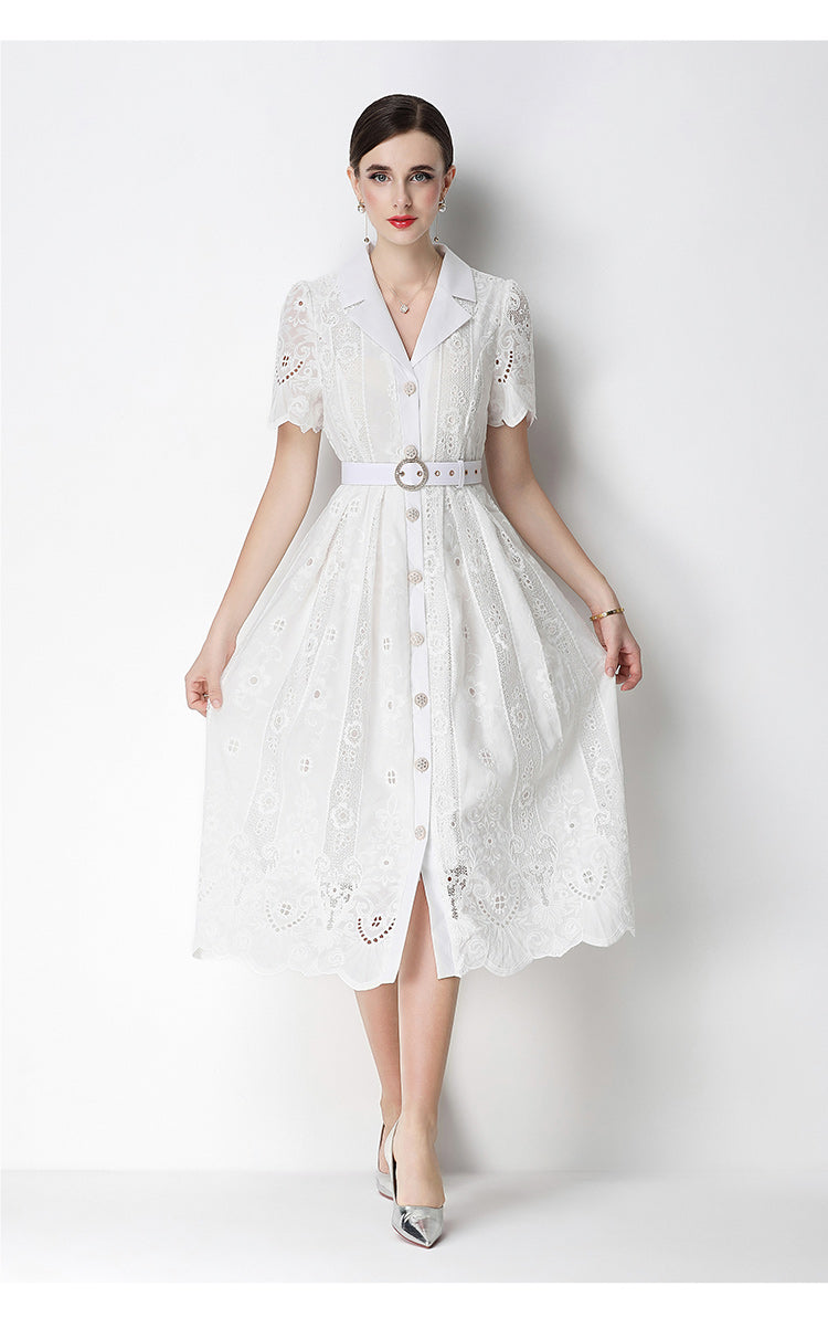 Elegant Lace Button-Front Midi Dress with Belt - LAI MENG FIVE CATS