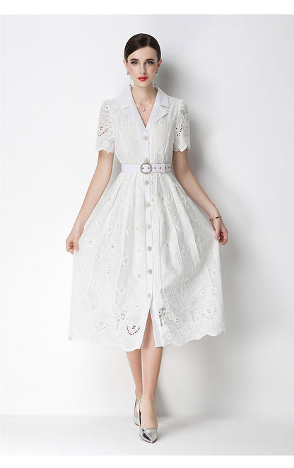 Elegant Lace Button-Front Midi Dress with Belt - LAI MENG FIVE CATS