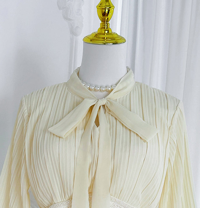 Elegant Pleated & Lace Midi Dress with Tie Neck, Beaded Details & Flounce Hem - LAI MENG FIVE CATS