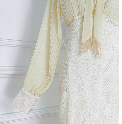 Elegant Pleated & Lace Midi Dress with Tie Neck, Beaded Details & Flounce Hem - LAI MENG FIVE CATS