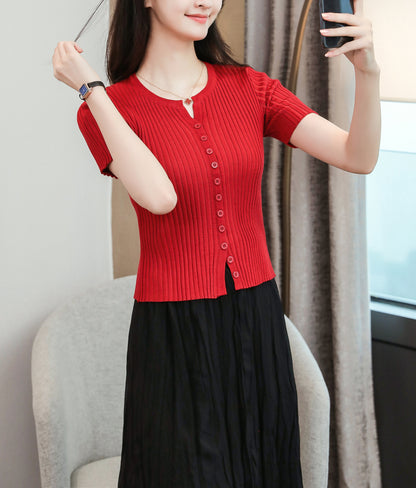 Women's V-Neck Knitted Thin Tops Ribbed Shirt