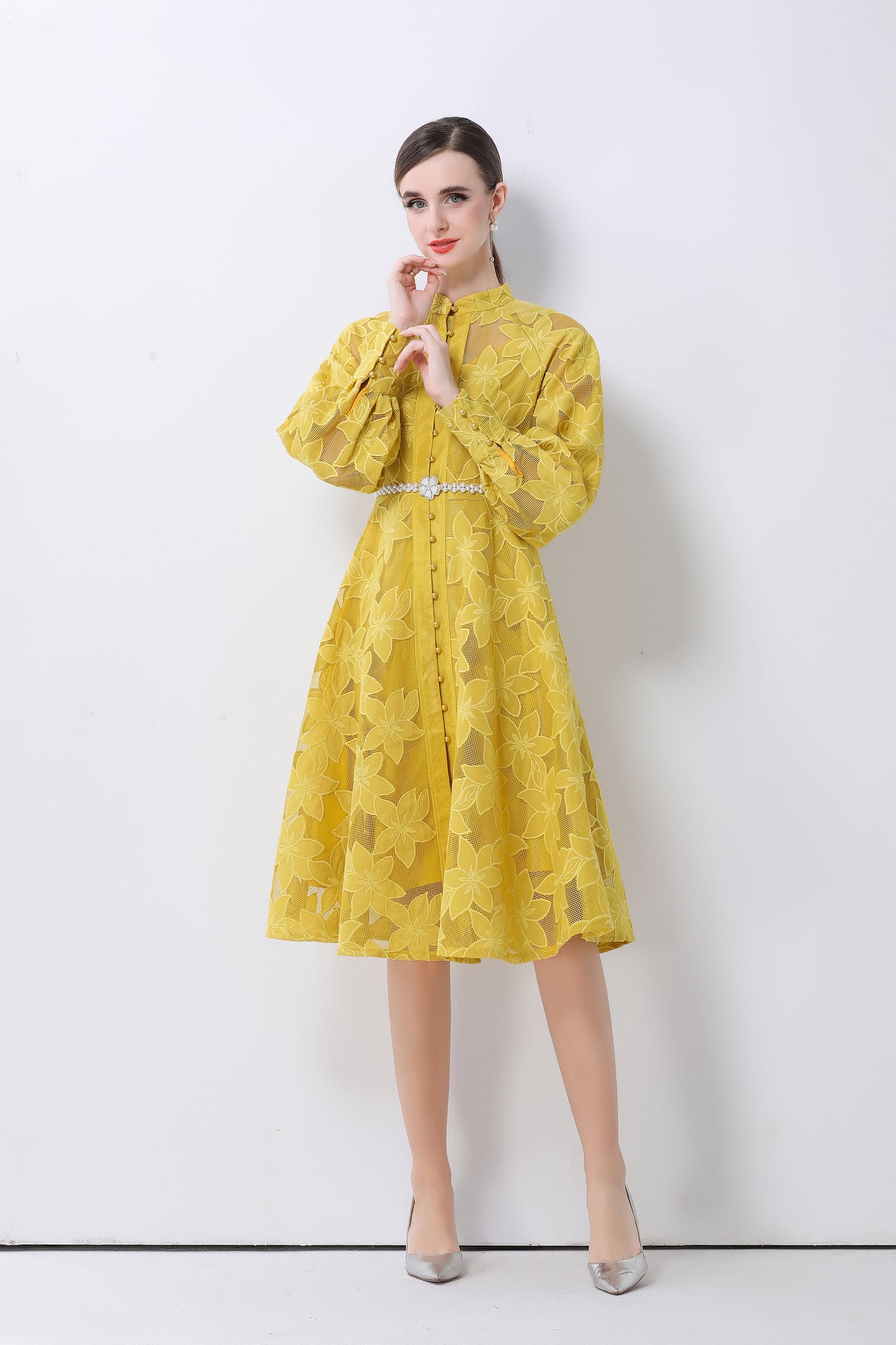 Women's Long Sleeve Eyelet Embroidery Button Midi Dress