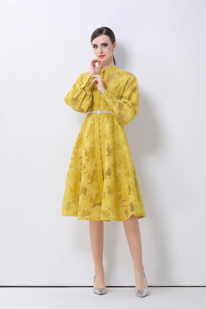 Women's Long Sleeve Eyelet Embroidery Button Midi Dress