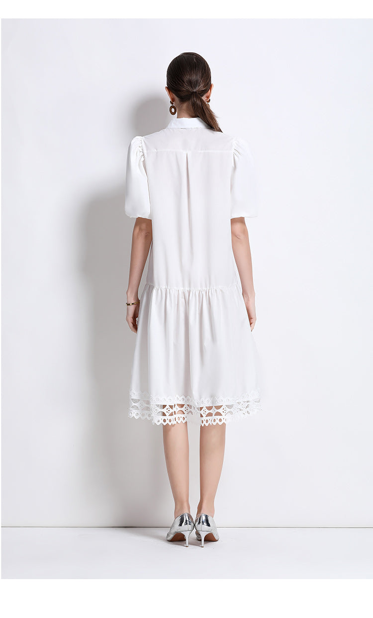 Women's Puff Sleeves Collar Hollow Embroidery Midi Dress