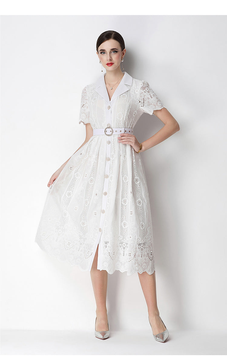 Elegant Lace Button-Front Midi Dress with Belt - LAI MENG FIVE CATS