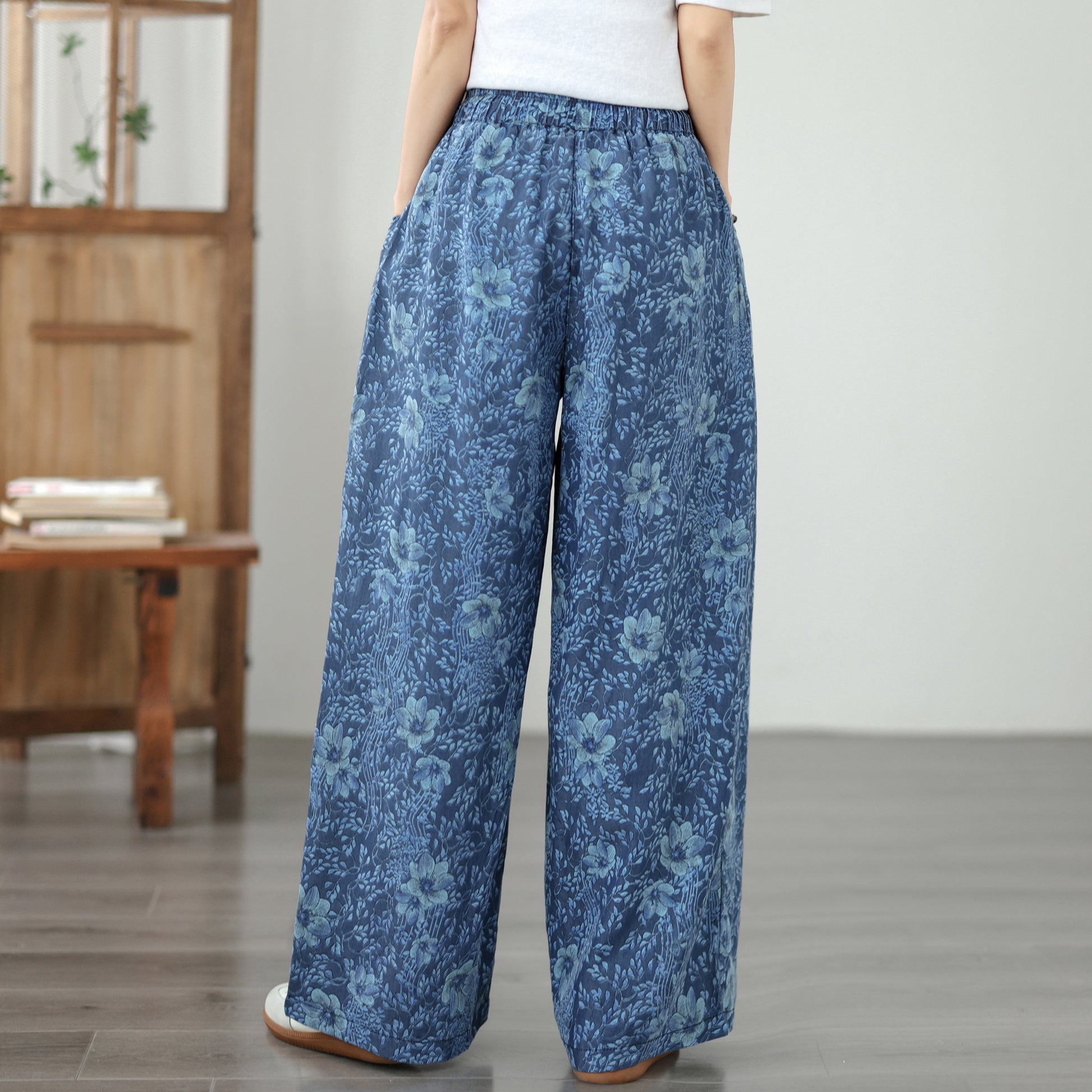 Women's Wide Leg Jeans Lightweight Wasited Elastic Print Y2K Pants - LAI MENG FIVE CATS