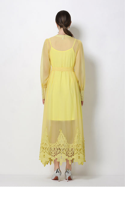 Sheer Embroidered Organza Maxi Dress with Slip & Belt - LAI MENG FIVE CATS