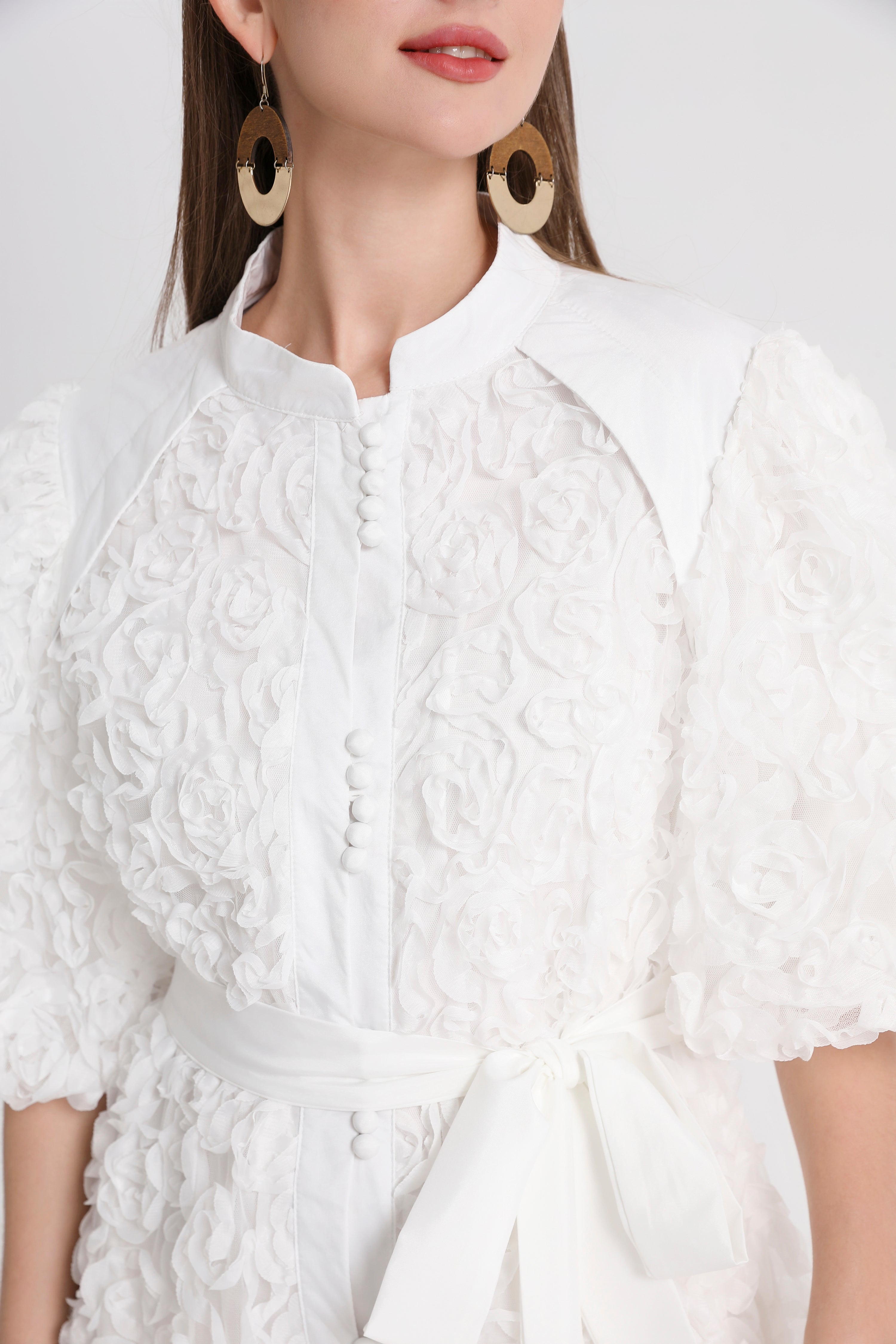 Women's 3D Floral Puff Sleeves Fishtail Hem Maxi Dress – LAI MENG