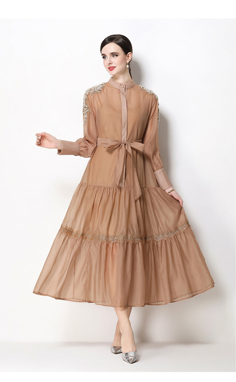 Elegant Bead Embroidery Loose Button Belted Maxi Dress - LAI MENG FIVE CATS