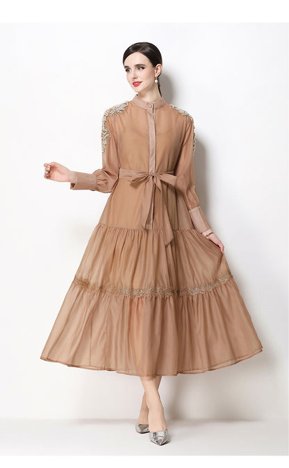Elegant Bead Embroidery Loose Button Belted Maxi Dress - LAI MENG FIVE CATS